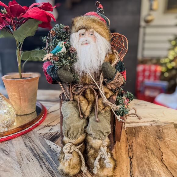 Woodland Mountain Man Santa in Wooden Twig Chair w/ Bird & Snow Shoes, 14"H - Picture 15 of 15